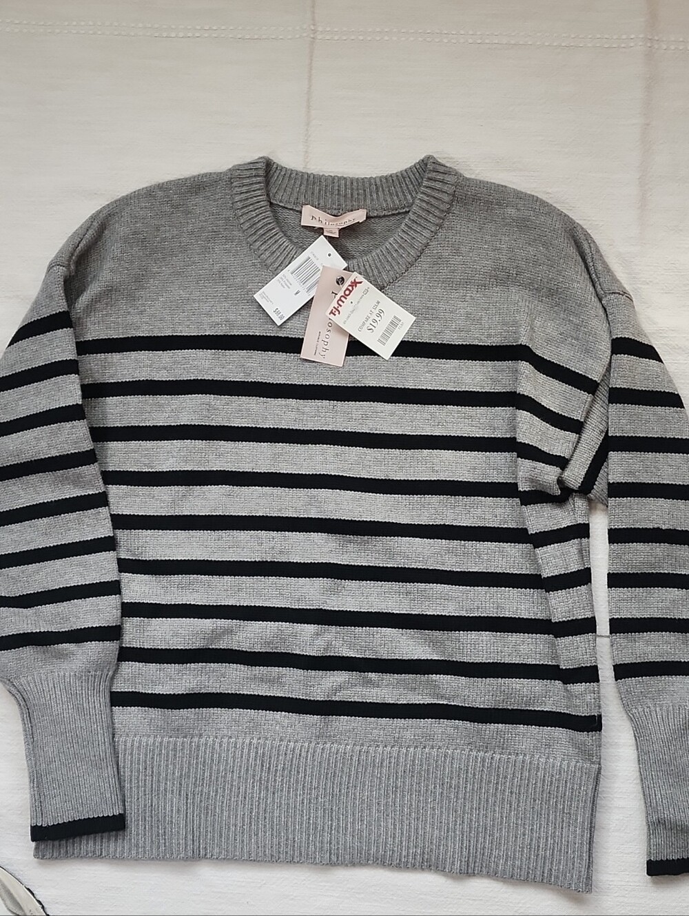 Philosophy Gray and Black Striped Crewneck Sweater
